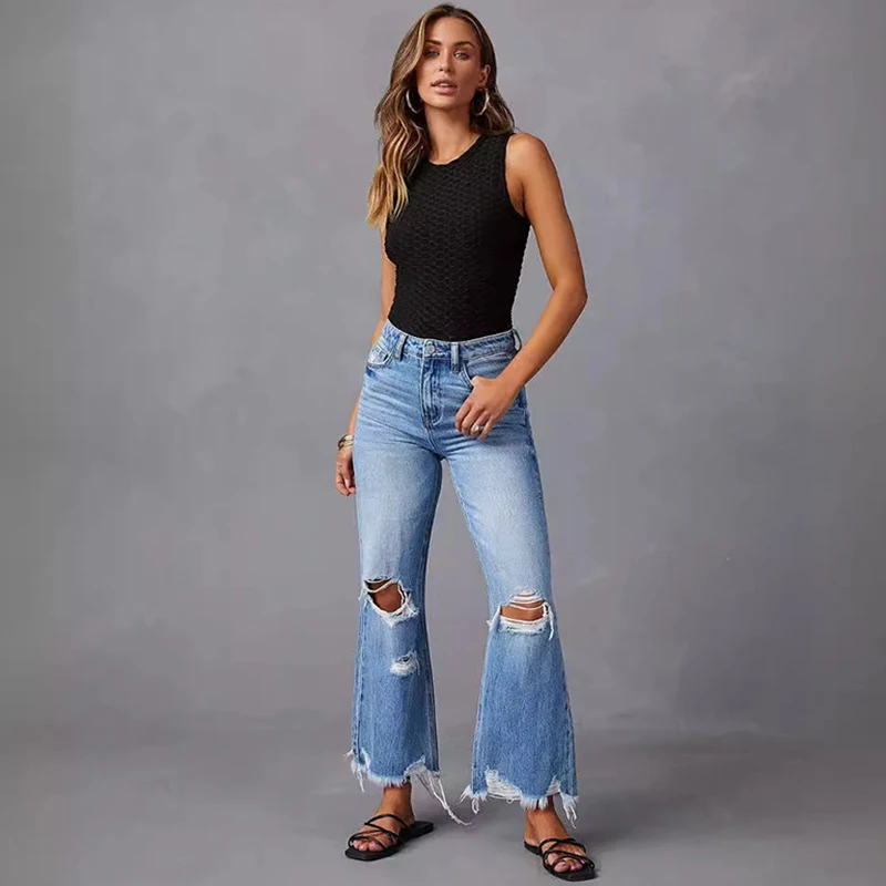 

Washed Ripped High Waisted Jeans 2024 New Retro Simple Micro Flared Wide Leg Pants Summer Female Straight Legs Casual Long Pants