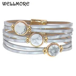 WELLMORE Natural round stone bracelet for women magnet charm leather bracelets female fashion jewelry wholesale dropshipping