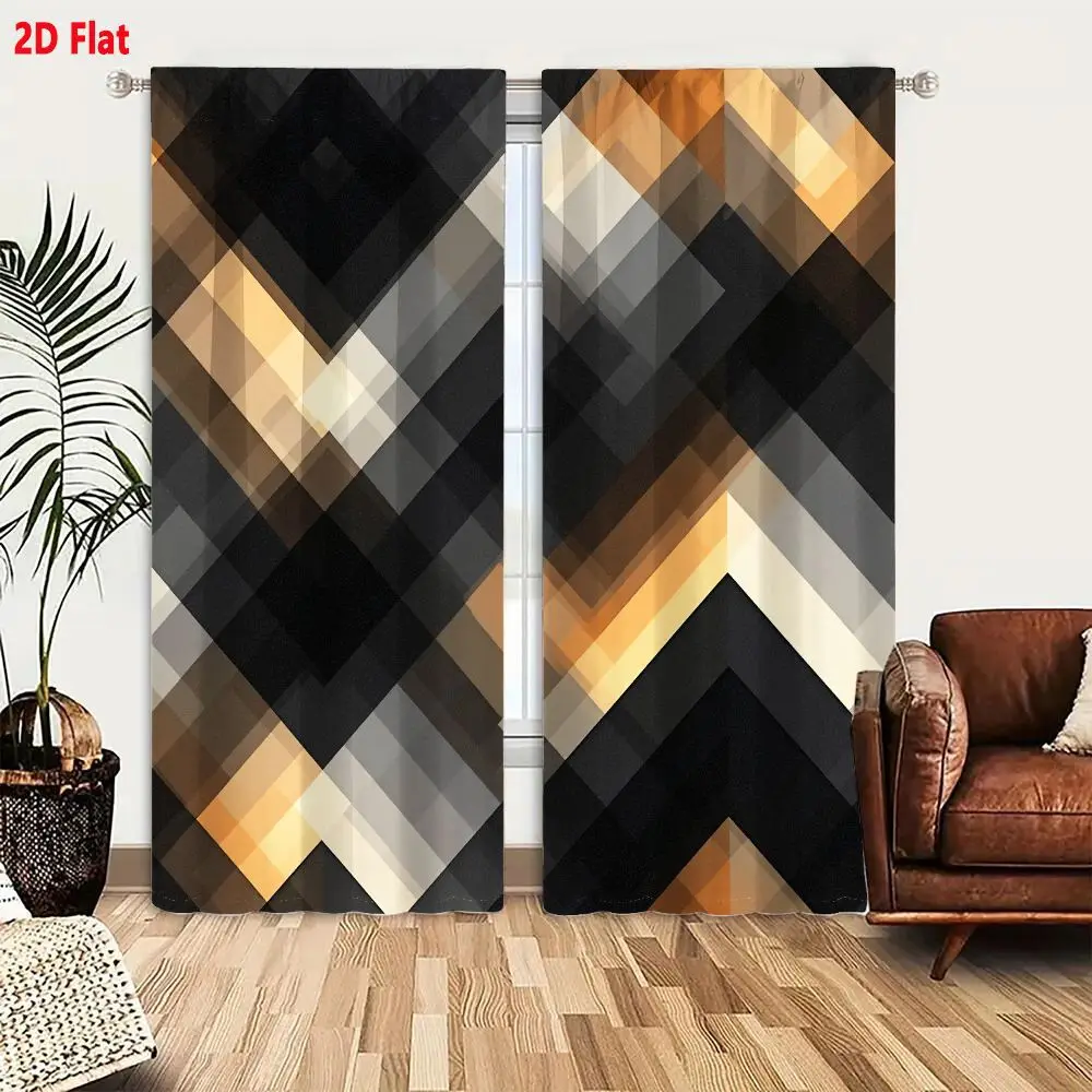 2Pcs Curtains 2D Flat Abstract Geometric Pattern With Overlapping Squares Rectangles In Black Gray Beige Light Orange Dark Brown