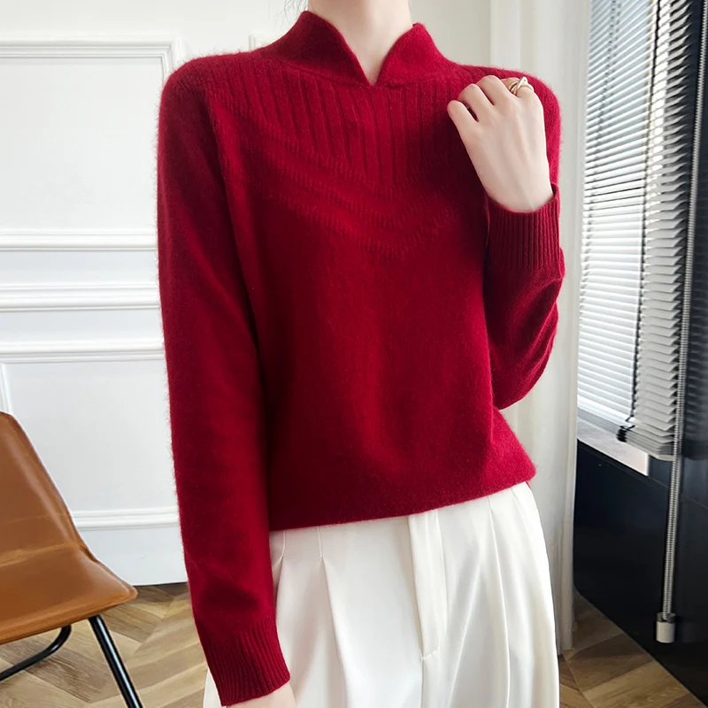 Moda Damska 100% Wełna Merino Jednolity Kolor Stójka Sweter Długi Rękaw Pulower Kaszmir Miękki Ciepły Delikatny Top Odzieżowy