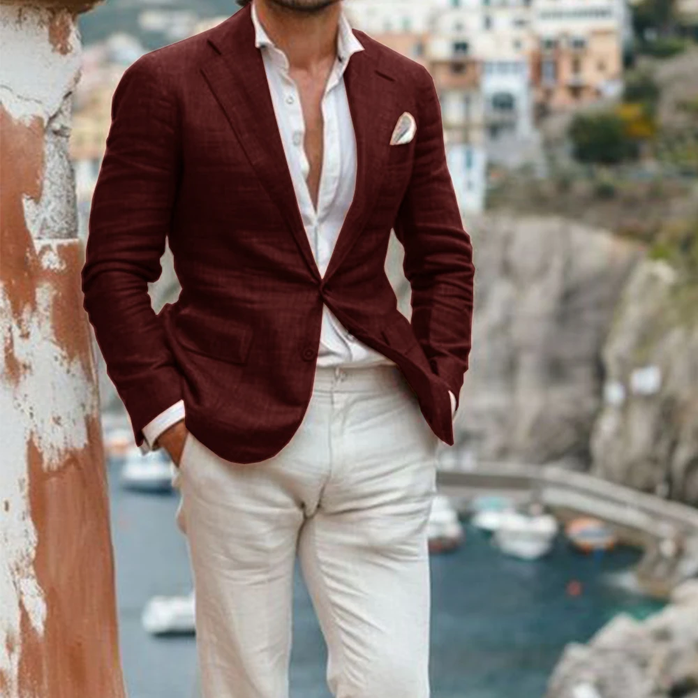 Men Linen Suit Jacket Slim Fit Single Breasted Notch Lapel Casual Elegant Blazer Comfortable Business Formal Wear Stylish Men's