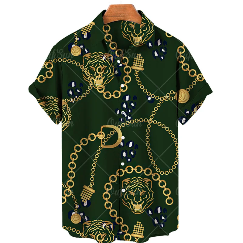 Heren Zomer Luxe 3d Printing Gouden Ketting Originele Bloemen Hawaiiaanse Shirts Casual Gothic Mode Middeleeuwse Slim Fit Kleding