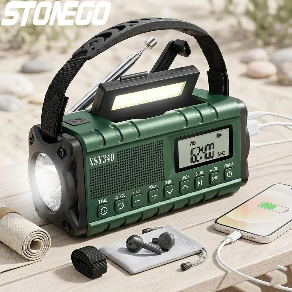 

Портативное солнечное аварийное радио 10000 мАч с ручным динамо-генератором, AM/FM/NOAA, оповещением о погоде, зарядкой Type-C, ЖК-дисплеем, LED-фонариком и сигнализацией SOS