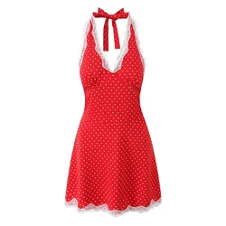 YENKYE Sexy Backless Lace Trim Polka Dot Halter Dress For Women A-line Mini Summer Holiday Dresses Female Red Pink Short Robe