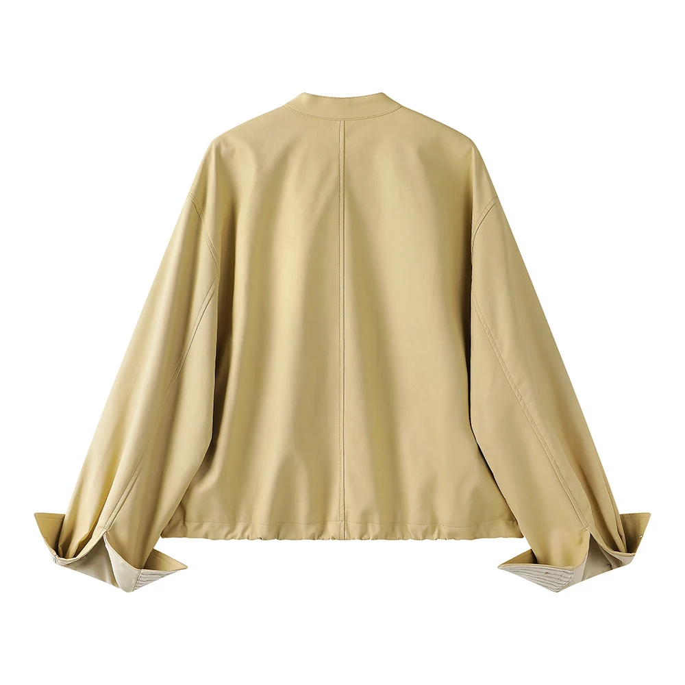 春の新作 ラウンドネックジッパー レザー ジャケット バイクウェア アウター エレガント アンチエイジング ヴィンテージコート レディース