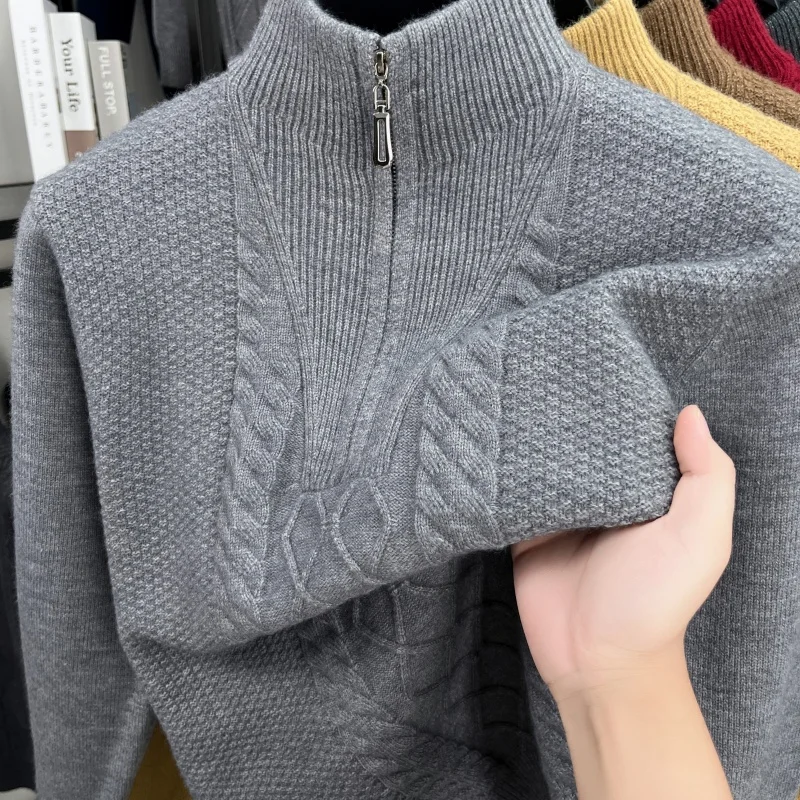 

Luxury Man Long Sleeves Knitwear Mock Neck Thicken Zipper Winter New Warm Tops Non-deforming Leisure Quality Hot Men's Clothing