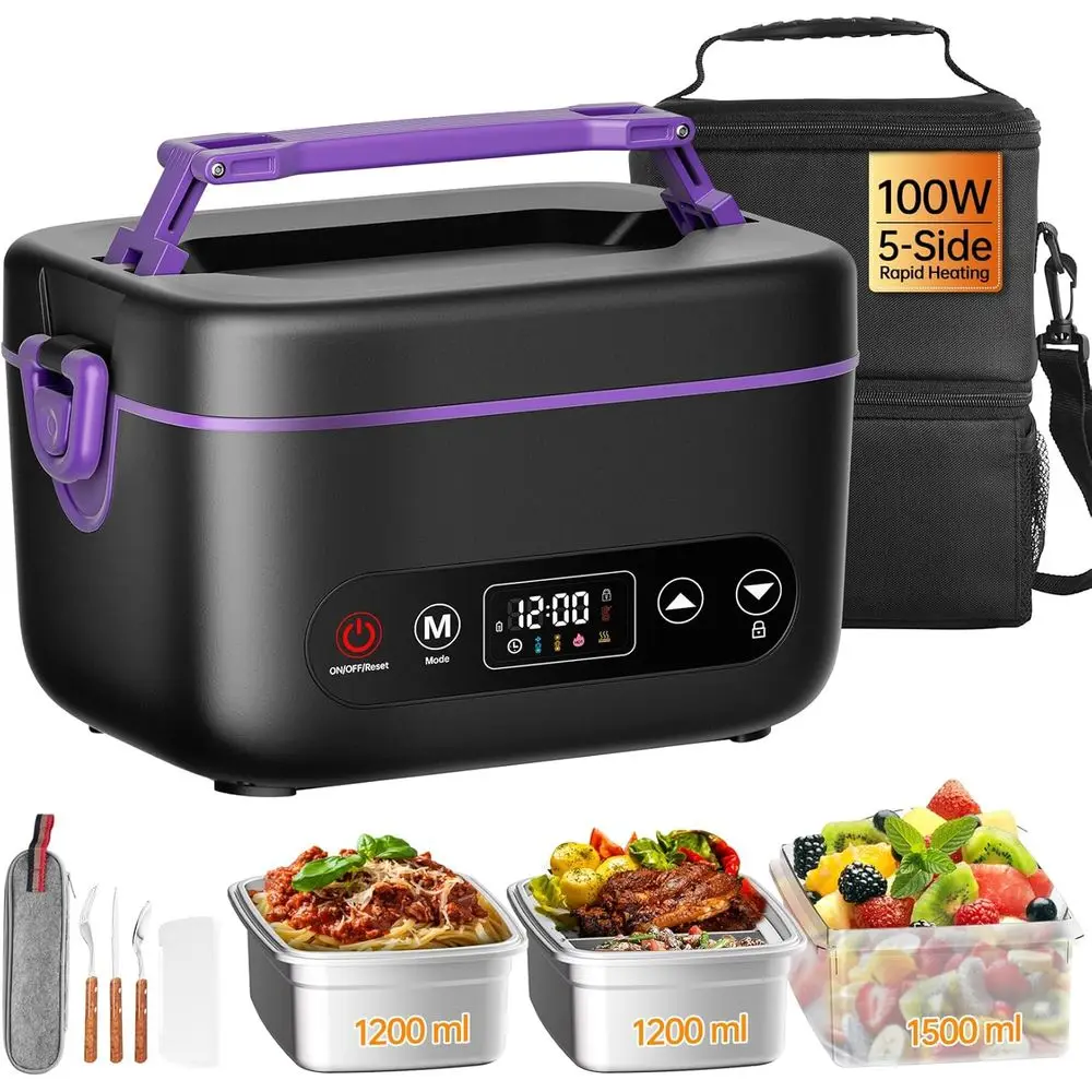 

1.2L Electric Lunch Box, 100W 5D Heating, 6x4000mAh Battery, Dual Insulated Bag, Portable Food Warmer, 220° Max, BPA-Free