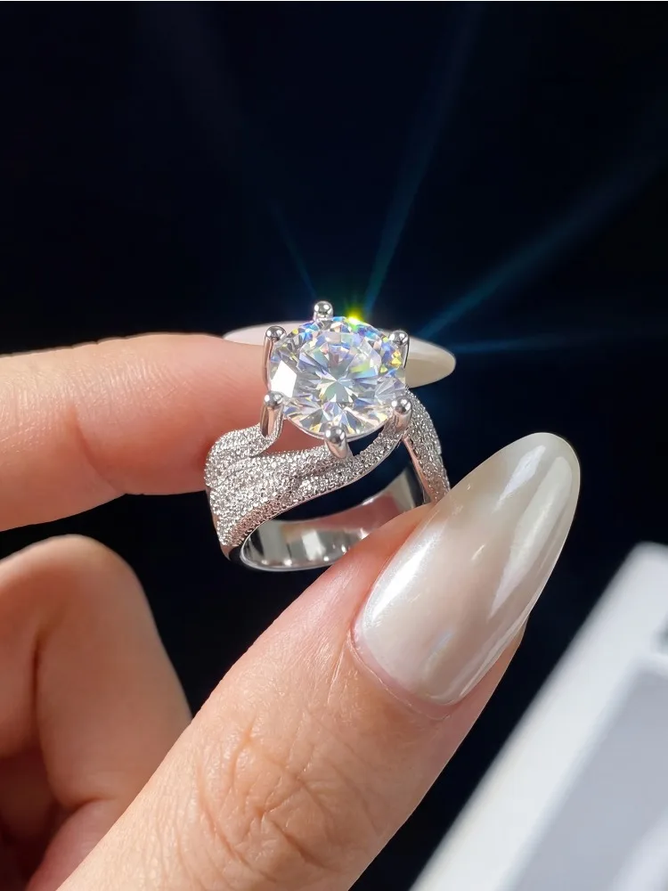 Luxuriöse 5CT Funkelnde Große Moissanit-Diamantringe für Damen, Prachtvolle Dreireihige Zirkon Echte 925 Silber Hochzeits-Feinjuwelen – Detail 2