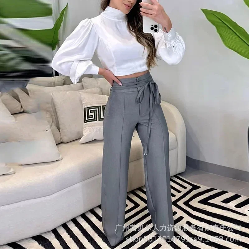 Pantalones informales con correa de cintura alta para mujer, traje de viaje, color gris, novedad de 2023