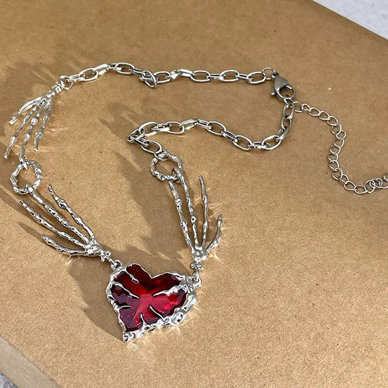 Red Peach Heart Pendant Necklace Silver-color Ghost Claw Love Short Choker Punk Exaggerated Clavicle Chain For Woman Jewelry