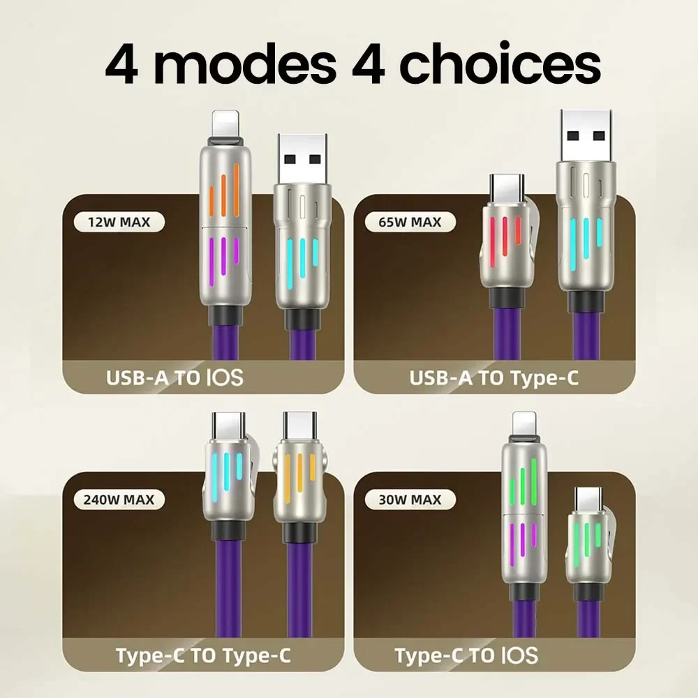4 in 1 240W USB Type C Silicone Fast Charging Cable 5A USB Type C To Lightning Super Fast Charge Data Cable For iPhone 15 Xiaomi