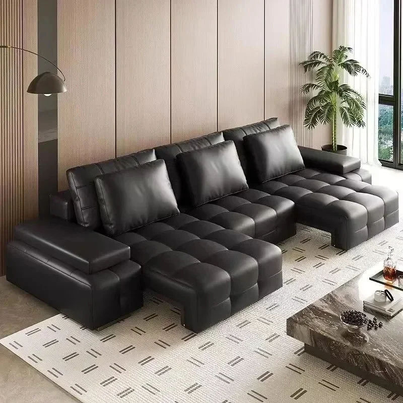 

Multifunctional Electric Sofa Straight Row Black Sleeper Lazy Convertible Sofa Bed Luxury Lawrence Genuine Leather Living Room