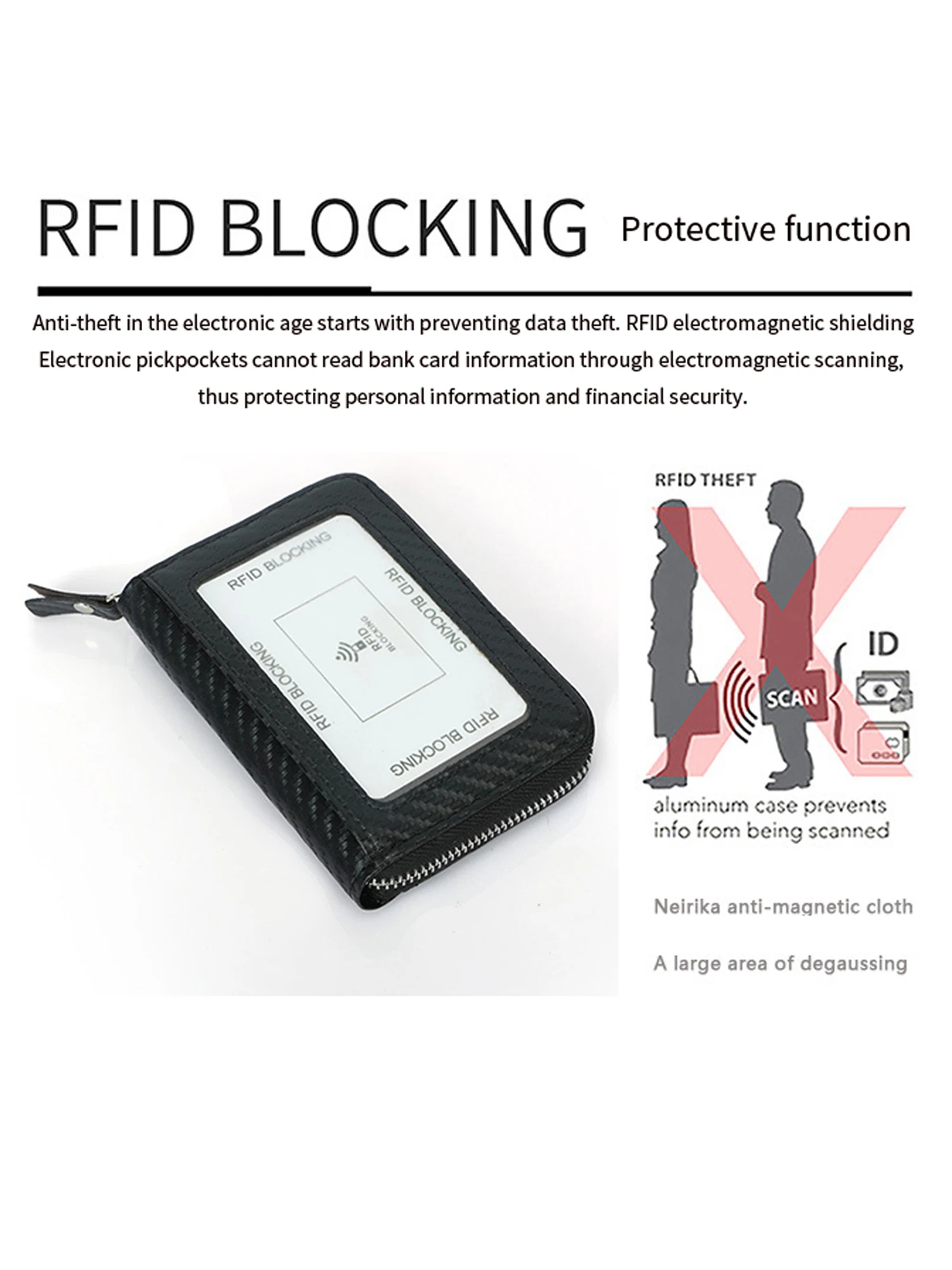 Minimalism RFID Blocking Organ CardBag Fashionable Carbon Fiber Pattern Zipper Coin Wallet Business Men Card Clip, With ID Windo