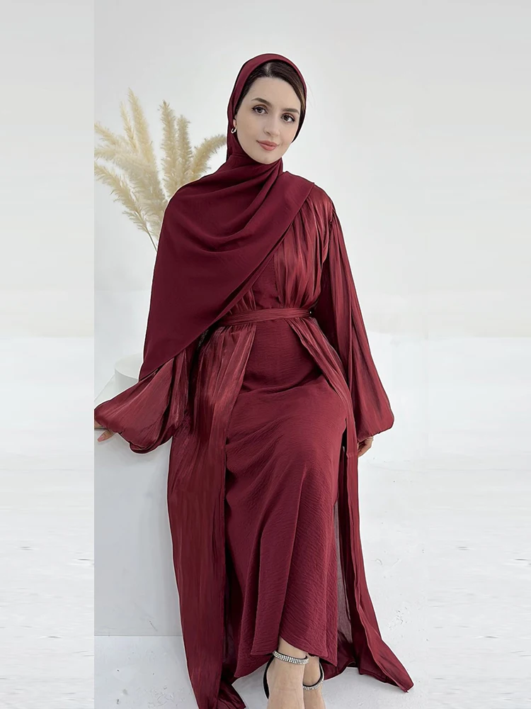 Eid Muslim Party Dress for Women Abaya with Scarf Hijab Silky Cardigan Jalabiya Long Dresses Morocco Kaftan Ramadan Gown Robe