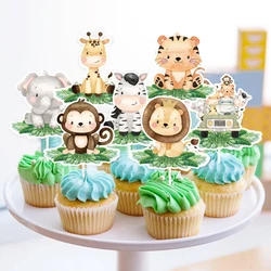18pcs Wild Animal Cake Topper Carton Animal Paper Toppers for Kids Jungle Safari Happy Birthday Party Decoration DIY Cake Supply