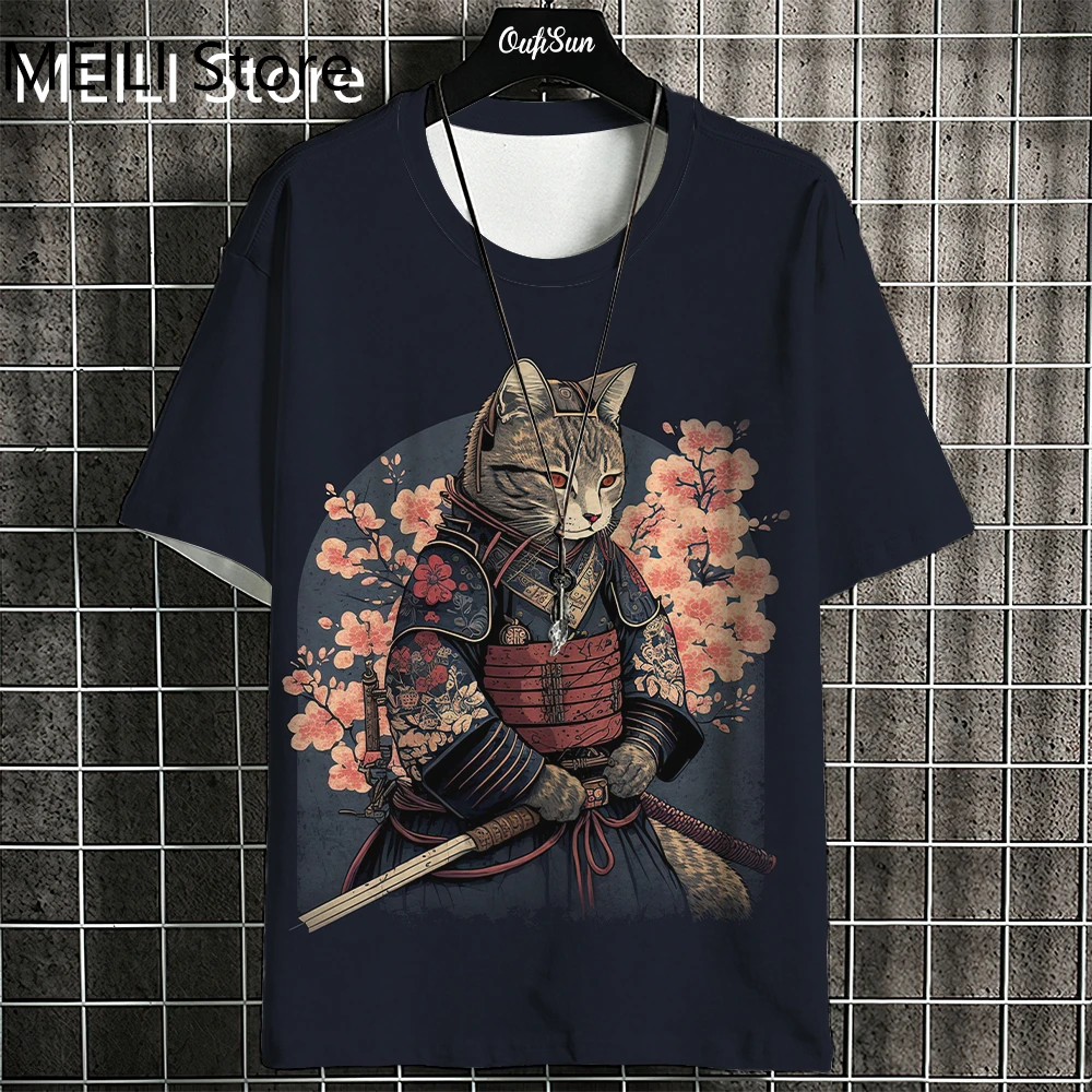 Samurai Cat Clothing Summer Men's Clothes O-Neck Men's Short Sleeve T-Shirt 3D Print Y2k Clothes Fashion Men's Shirts Clothing