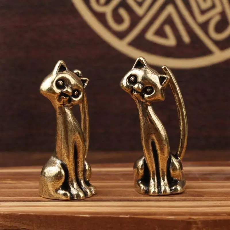 Antique Brass Cat Lovers Statue Ornament Copper Animal Sculpture Incense Burner Home Desktop Decorative Figurines & Miniature