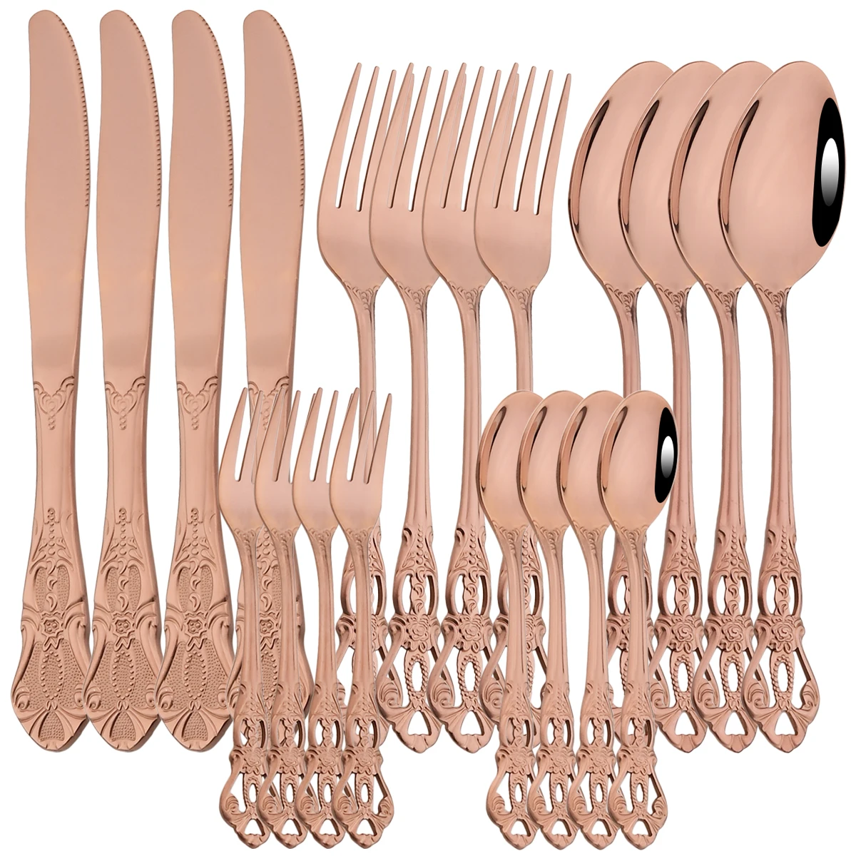 20Pcs Rose Cutlery Set Vintage Stainless Steel Dinnerware Set Knife Fork Coffee Spoon Cake Fork Tableware Kitchen Party Flatware