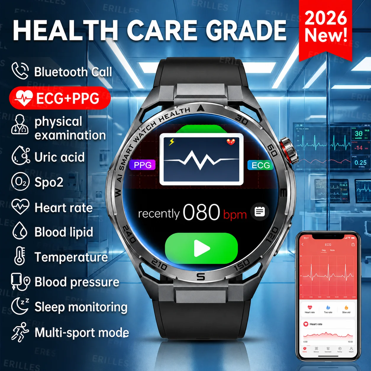 ECG High-end Health Smart Watch Men Body Analysis Blood Pressure Lipids Bloodoxygen Uric Acid Health Tracker Smartwatch Men Lady
