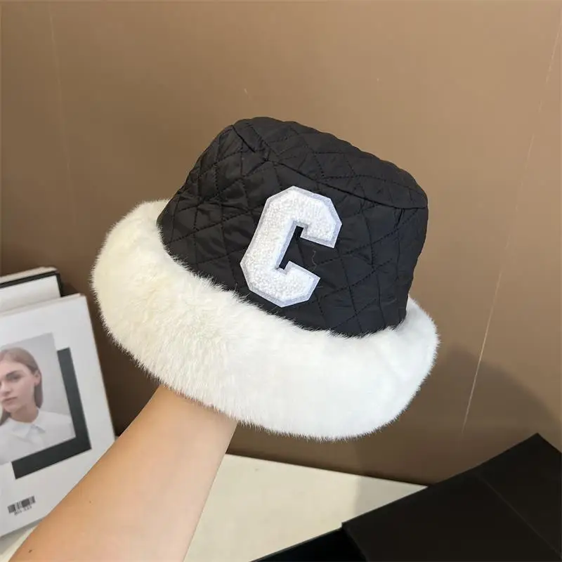 Winter Fisherman's Hat Women's Big C Letter Rabbit Hair Splice Thickened Warm Water Bucket Cap Big Head Waist Water Bucket Cap