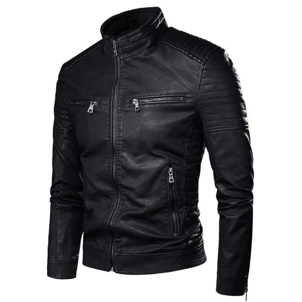 سترة بوليستر ستاي دافئة وعصرية مع سترة دراجة نارية من الجلد الصناعي للرجال ذات تطبيق واسع للقهوة L