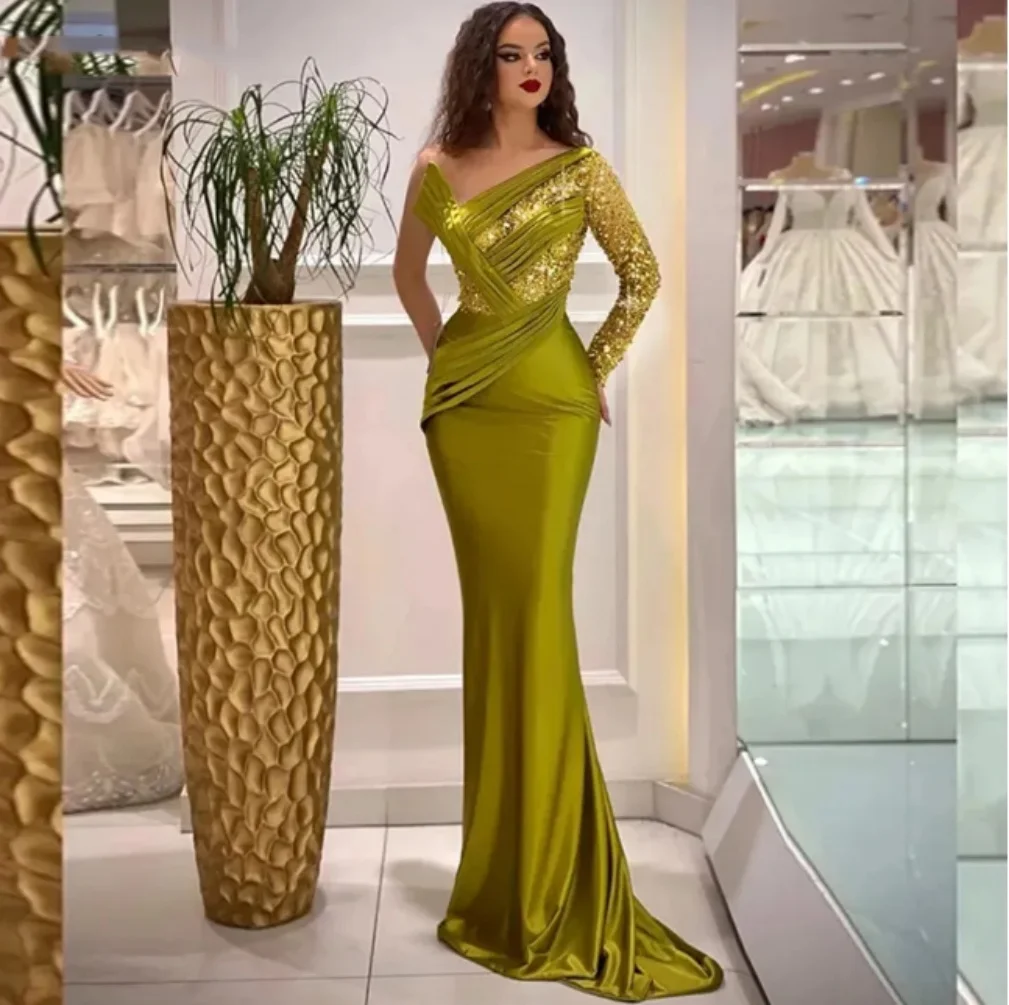 

New Green Formal Dress One Shoulder Long Sleeve Evening Dress Shiny Sequin Mermaid Satin Pleats Prom dress 2024 Party Dress
