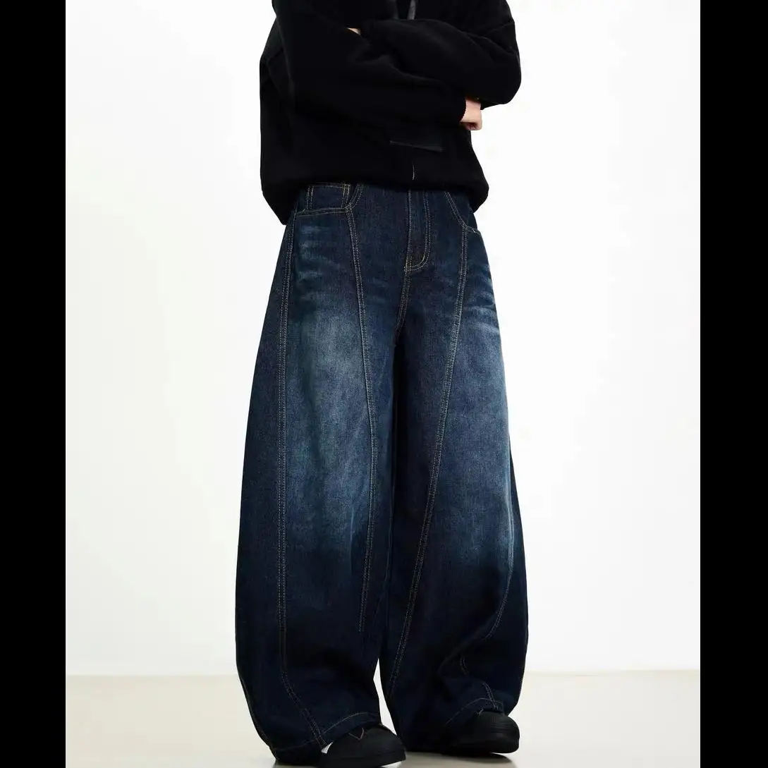 Unisex Vintage Washed Curved‑Cut Jeans American High Street Embroidery Contrast Stitching Loose Straight Denim Trousers