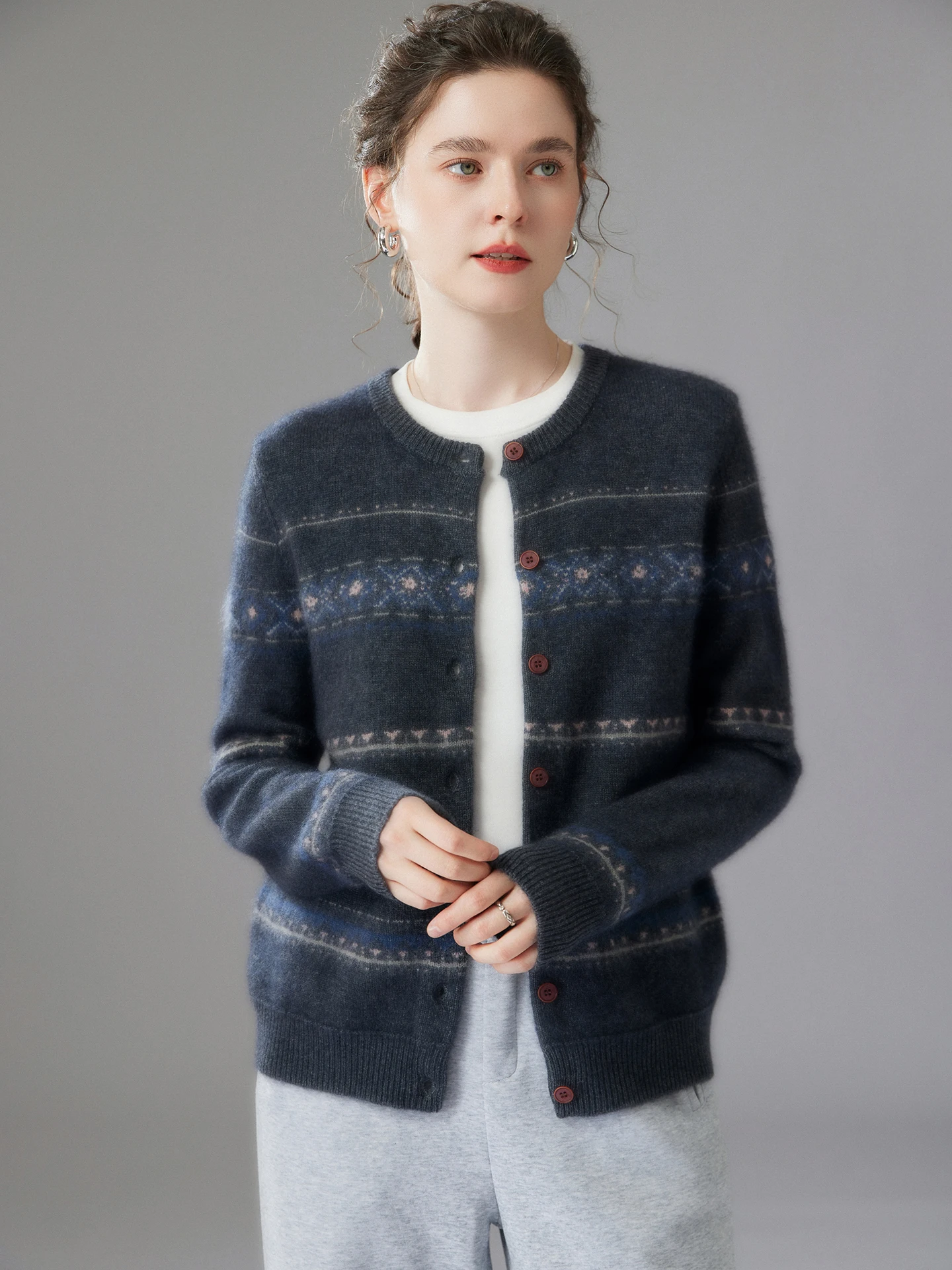 TLOML женский 100% кашемировый свитер, винтажный толстый жаккардовый кардиган с круглым вырезом, осень-зима, мягкий теплый кашемировый трикотаж, топы в стиле ретро