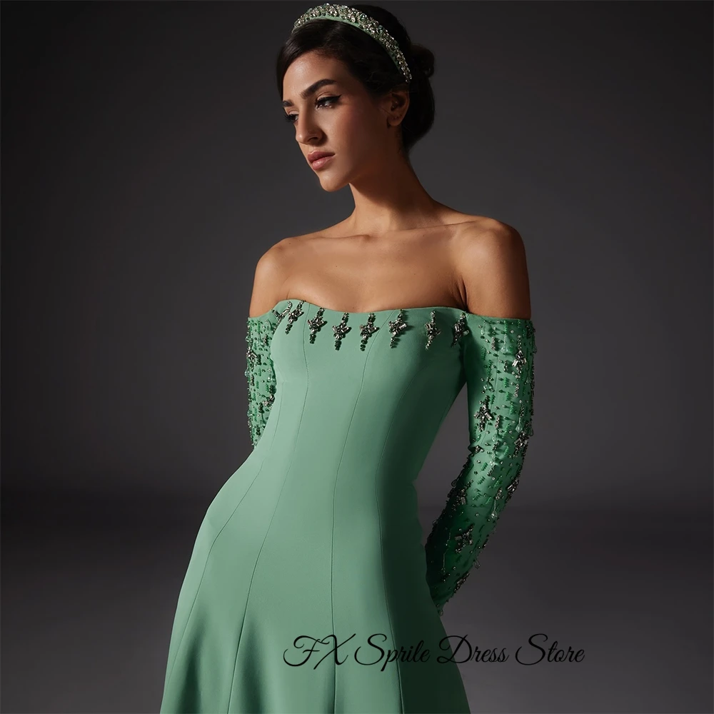Green Jersey A-Line Evening Dress Long Sleeves Off the Shoulder Party Gowns Zipper Back Customized Beading Crystal Prom Dresses