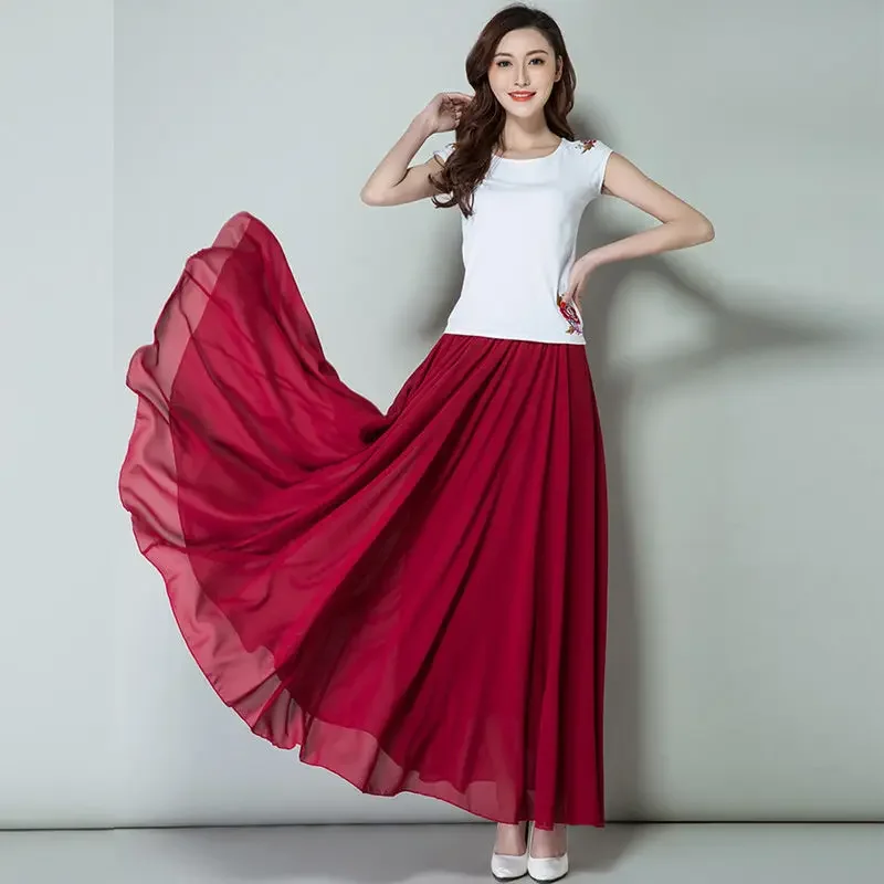 New Summer Chiffon Skirts Plus Size Full-Length Skirt High Waist Elegant Dance Skirt Pink Black Red Navy Blue White Long Skirts