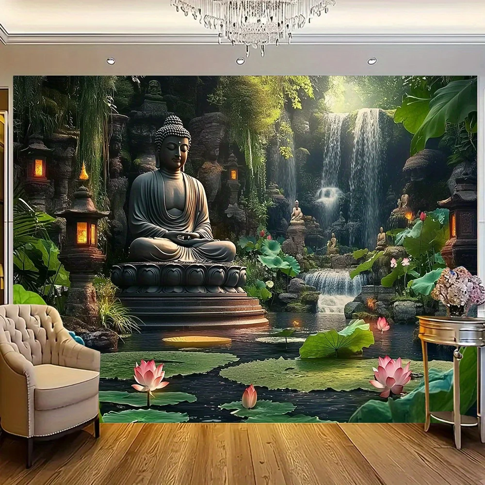 Zen Buddha Statue in Lotus Pond with Waterfall Wall Tapestry 2D Flat Print Spiritual Art Nature Decor Boho Style Home Interior