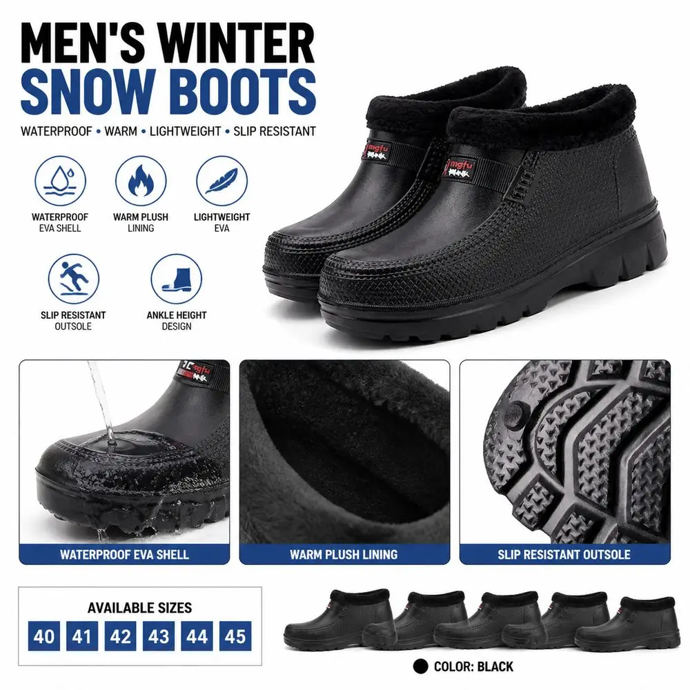New Waterproof Winter Snow Boots EVA Lined Men's Winter Boots Slip Resistant Ankle Height Cotton Shoes Outdoor Work