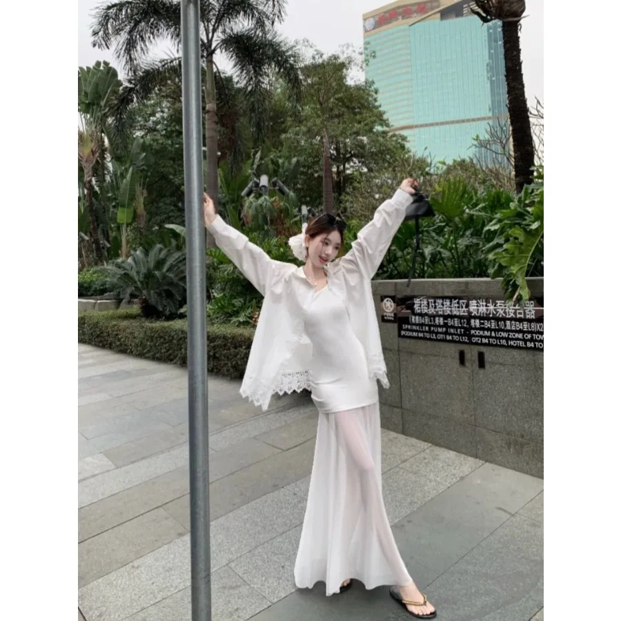 

【New style】22 rayon spliced mesh suspender dress design slim and slimming long dress waist wrap hip a-line skirt trendy
