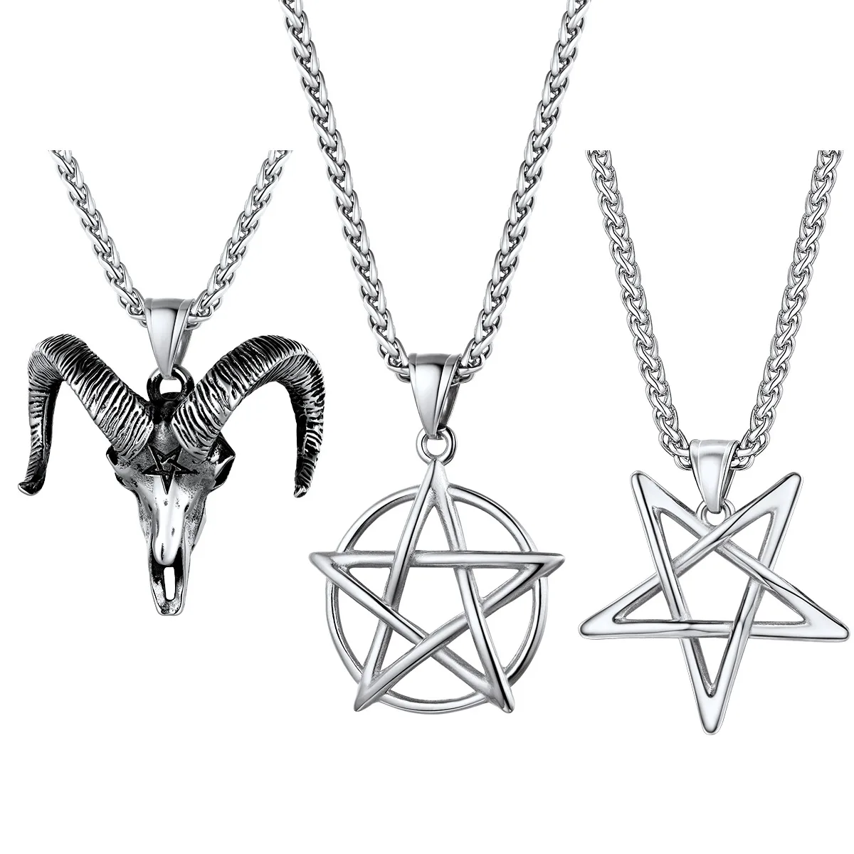 U7 Pentacle Necklace for Man Women Stainless Steel Star Wiccan Magic Pentagram Goat Head Skull Ancient Egypt Symbol Jewelry