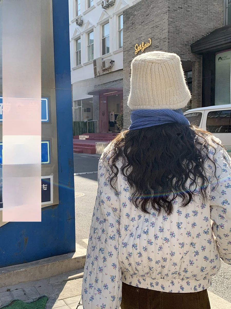 

Sinbounboun Winter ort Thin Bread Coat Women's Korean Sle Cotton Jaet Stand Collar Floral Print Loose Fit Long Sve