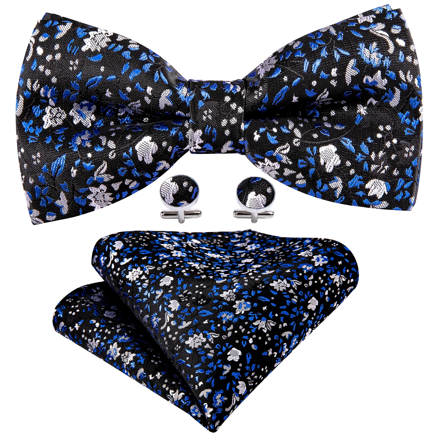 Barry.Wang Jacquard Herren Fliege Blau Schwarz Weiß Floral Paisley Solide vorgebundene Fliege Einstecktuch Manschettenknöpfe Set Pre Hochzeit Party