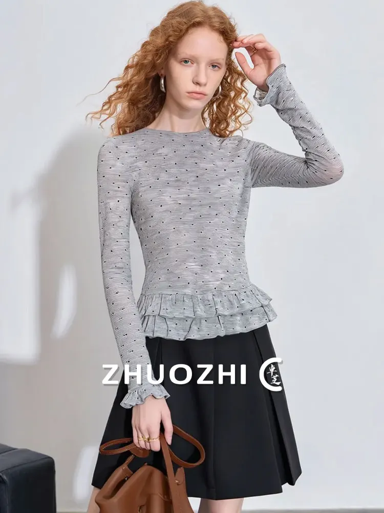 

Повседневный женский топ с двойным слоем и оборками, новинка зимы 2025, простой базовый топ в горошек, французский стиль, приталенный крой