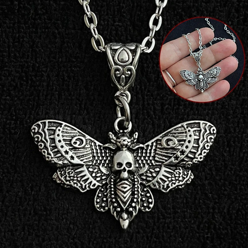 Death Moth Necklace Pendant 18inch Chain Sugar Skull Gothic Butterfly Rock Emo Goth Silver Color 18inch Strong Chain