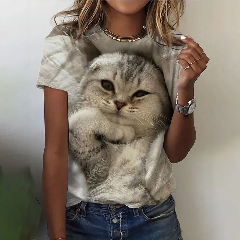 Women\'s T Shirts Funny 3D Kawaii Cat Print T-Shirts Fashion O-neck Short Sleeve Top Oversized Female Y2k Clothing Cute Girl Tees