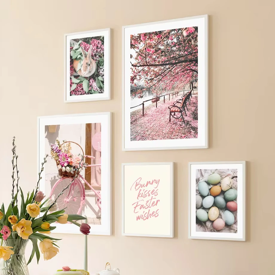 Spring Pink Cherry Blossoms Farmhouse Flowers Romantic Wall Art Poster Oil Painting Nordic Living Room Home Decoration Mural