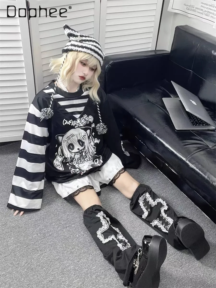 Subculture Y2k T-shirt Fake Two Piece Striped Japanese Cartoon Print Lace Patchwork Loose P Neck Flare Sleeve Pullover Tees