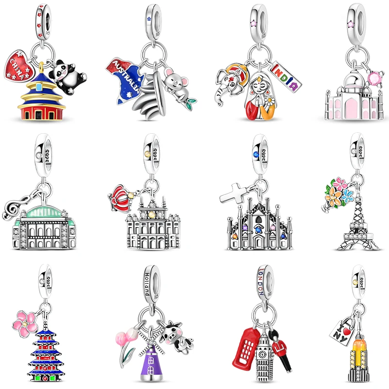 National Eelement Berühmte Architektur 925 Silber Original 3 mm Charms Perlen Geeignet für Familie Freund DIY Feiner Souvenir Schmuck
