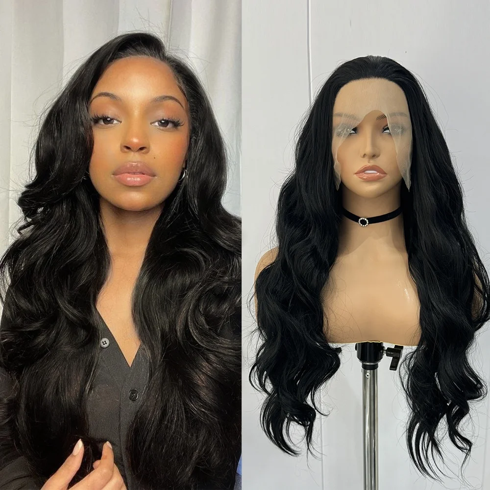 Black Wig Synthetic Lace Front Wigs For Women Long Hair Body Wavy Heat Resistant Fiber Front Lace Glueless Wig Daily Use Cosplay