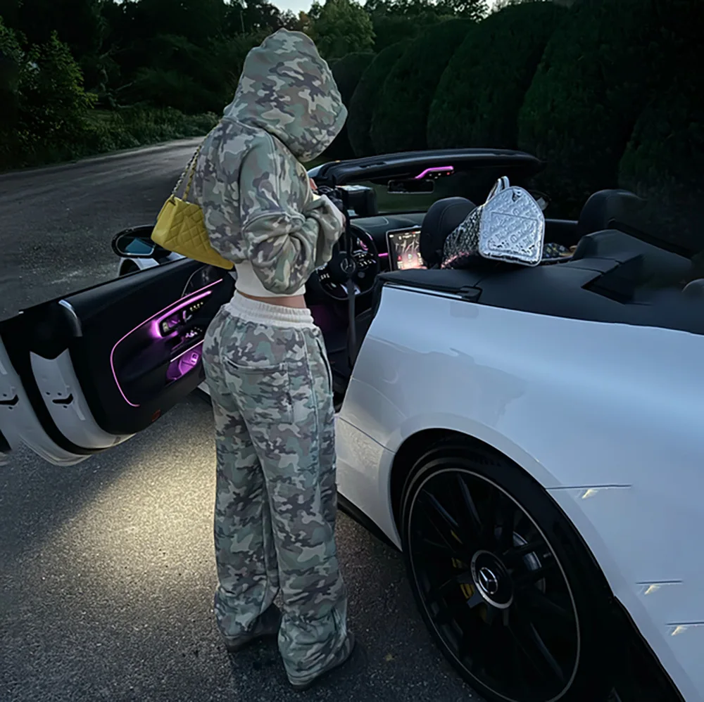 Camouflage Pattern Wide Leg Pants for Women, Casual Pants, Full Length, Spring, Summer, Autumn, 2024