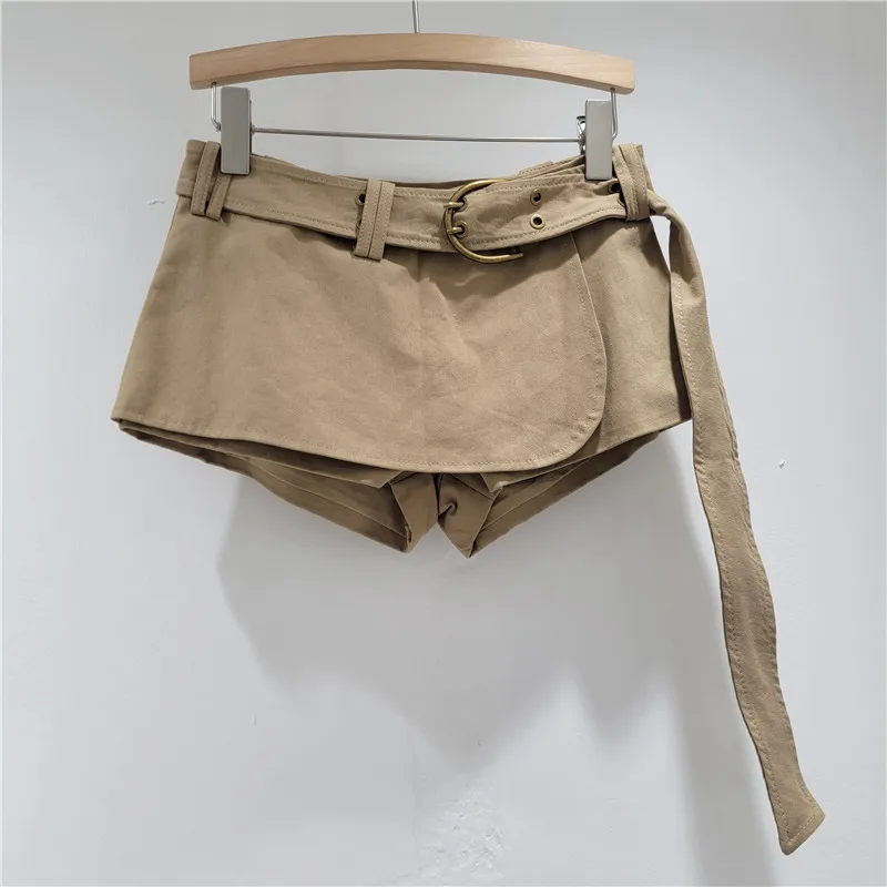 European and American Style Niche Sexy Hottie Low Waist Skirt Shorts Women's Design Sense with Belt Khaki Shorts Ladies