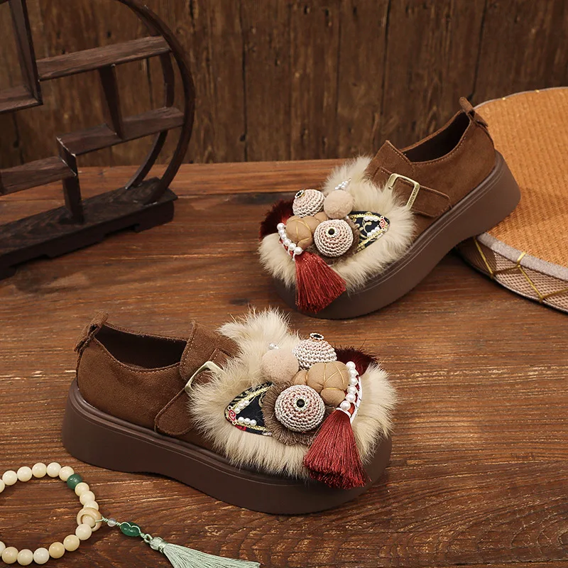 Boken Rabbit Fur Ancient Style Shoes Cotton-Padded Small Soil Funny Platform Casual