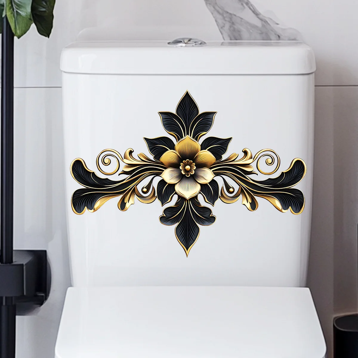 1PC Flower Toilet Cover Sticker Creative Black Gold Self-adhesive PVC Sticker, Toilet Water Tank Decoration, Bathroom Decoration