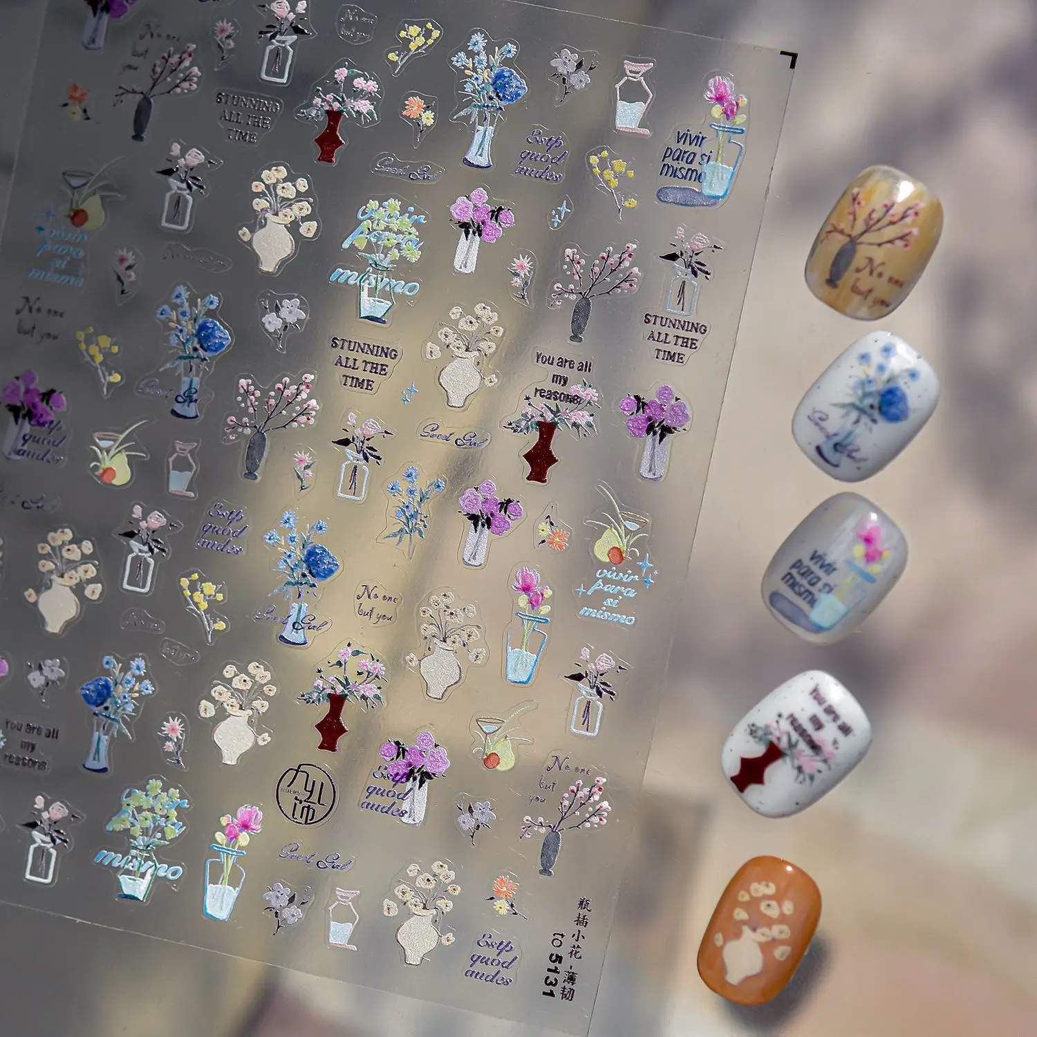 Mode elegante atemberaubende Ikebana Rose Pflaumenblüte Gänseblümchen Vase Blumenarrangement Winter süße Nail Art Dekorationen Aufkleber DIY