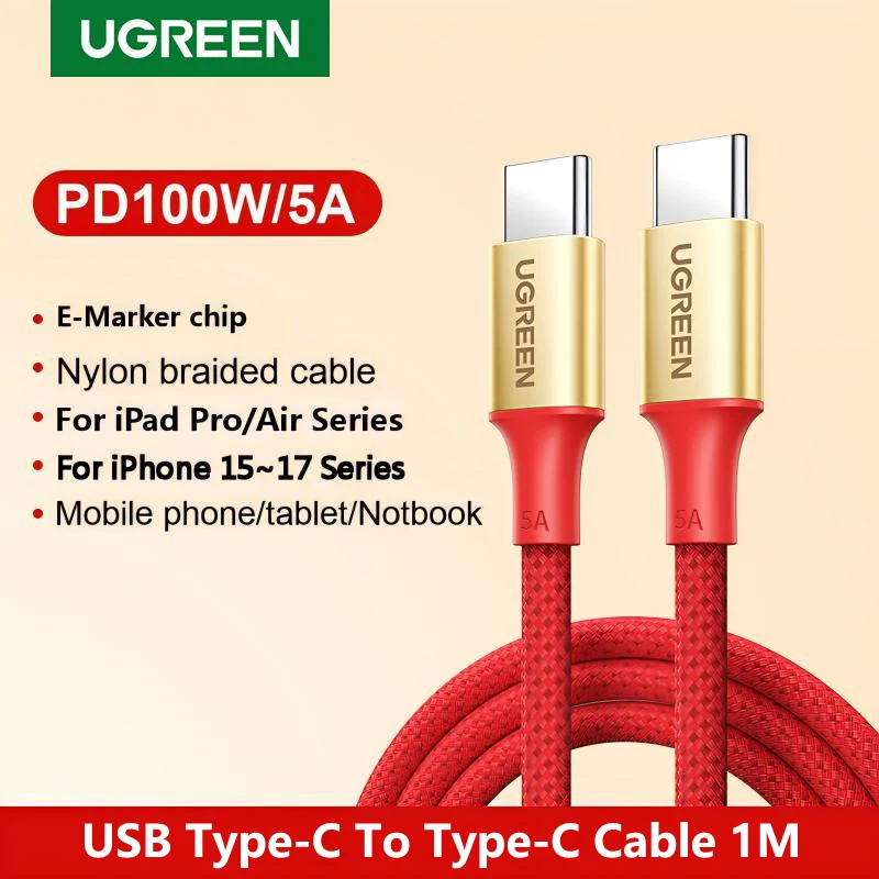 

Кабель UGREEN Type-C - Type-C PD100W для быстрой зарядки 5А, плетеный, для Apple iPhone 17 16 15, iPad, Macbook, зарядное устройство USB-C, Android, угловой