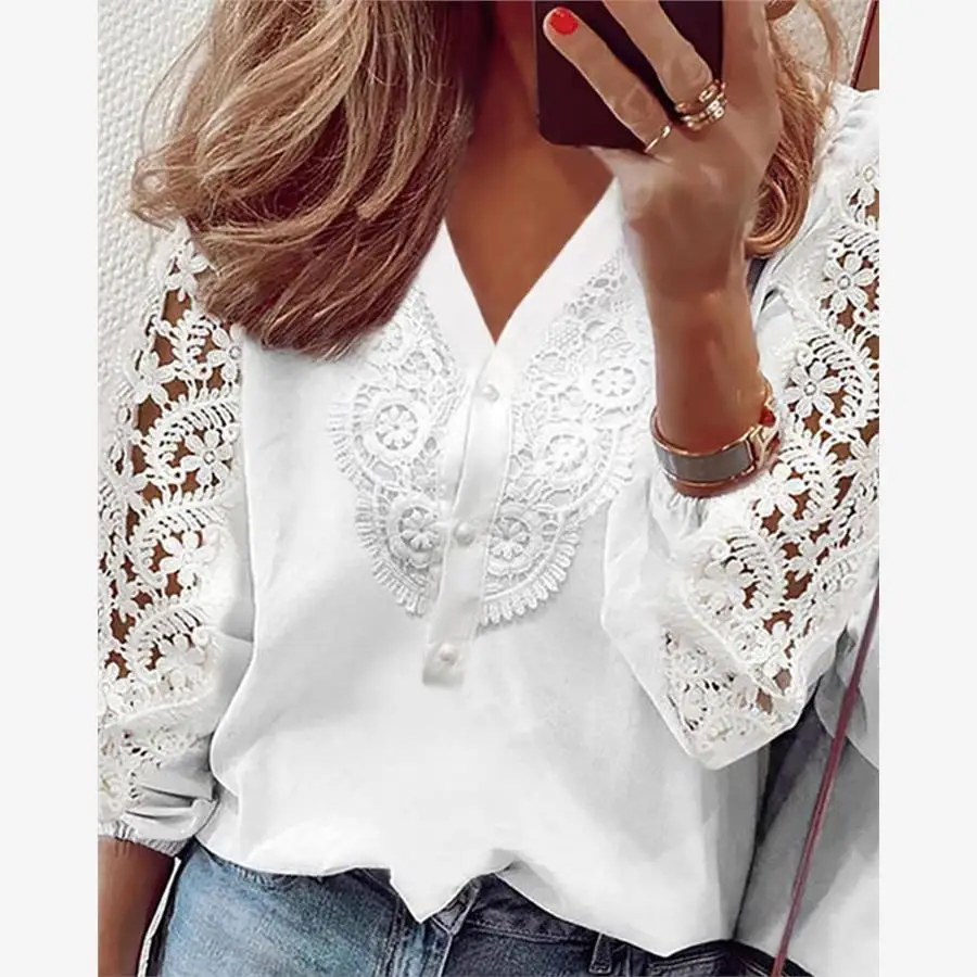 Neue Reine Farbe Taste Spitze Patchwork V-ne frauen irt Top Knoten Slim Fit Sechs Sve Wärme Entblößt Chinesischen herkunft